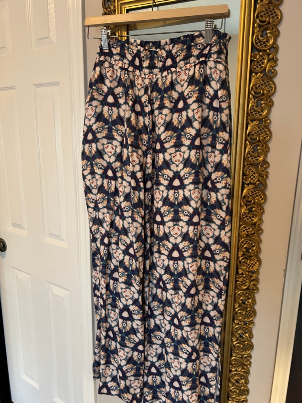 Anthropologie Navy, Cream and Teal Geometric Wide-Leg Pants